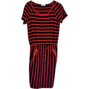 CALVIN KLEIN Size 6 Dress Blue Red Striped Gold Pockets Stretch Short Sleeve